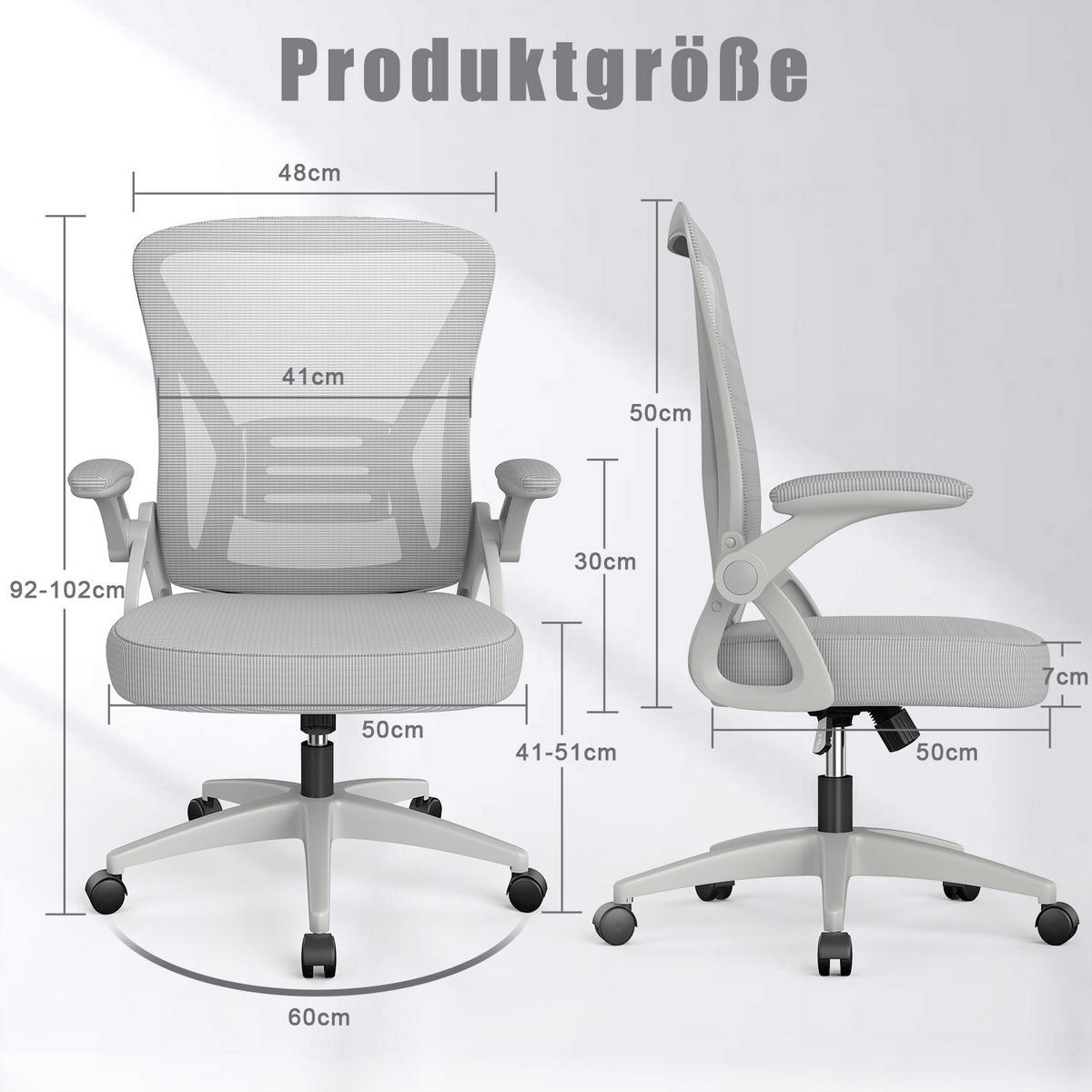 BÜRODREHSTUHL ergonomisch, mittelhohe Rückenlehne, klappbare Armlehnen –Grau - Grau, Metall (50/102/50cm) - Rattantree