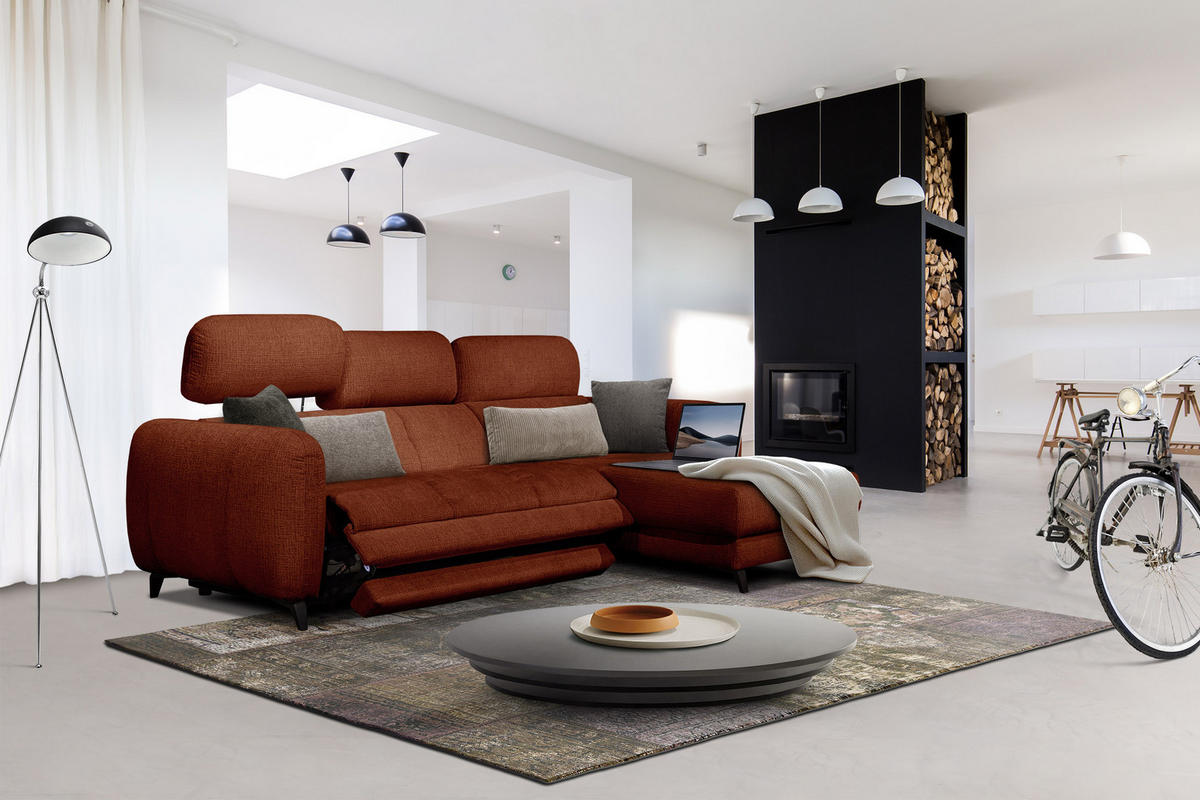 ECKSOFA SVEN 3-Sitzer, 1 Relax XL, verstellbare Kopfstützen, rot - Rot/Schwarz, Holzwerkstoff/Textil (256/163cm) - Courtois Laville