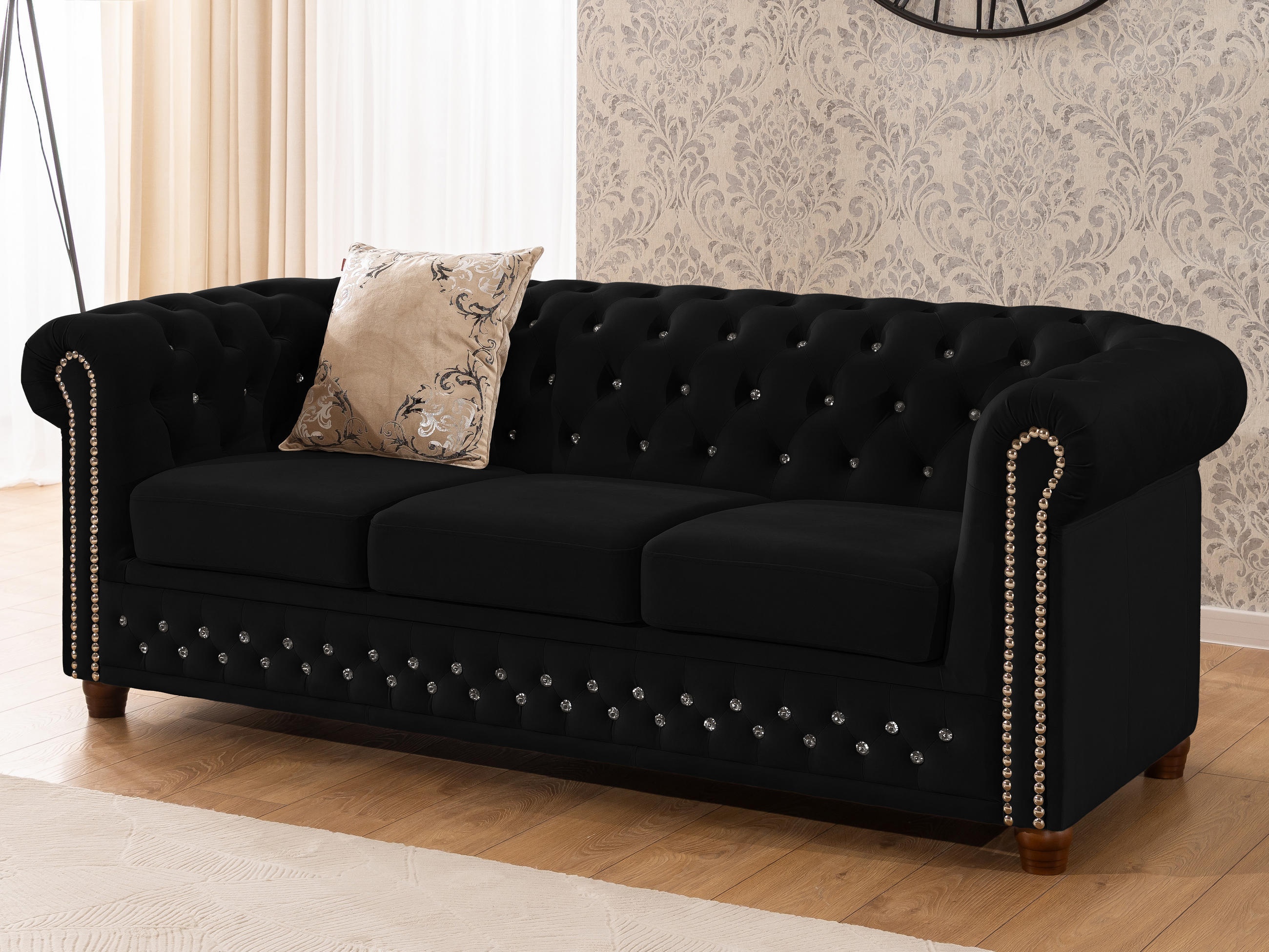 CHESTERFIELD-SOFA 3-sitzer Cleo Blink Schwarz Samt mit Kristallsteppung und braunen Massivholzfüßen - Schwarz/Braun, Holz/Textil (203/72/86cm) - S-Style Möbel