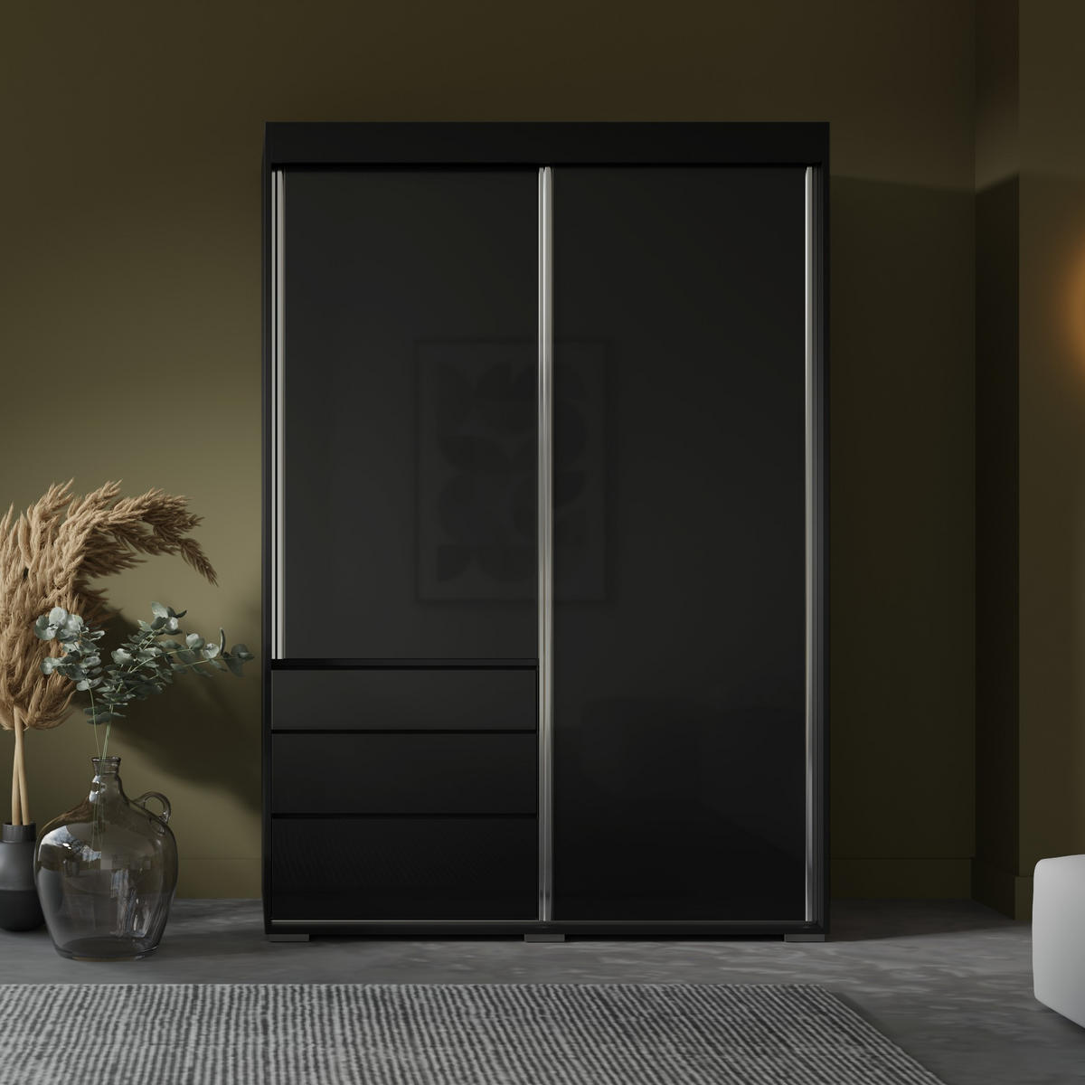 SCHIEBETÜRENSCHRANK mit Schubladen Torino 2D 140 Schwarz (Lacobel) - Silberfarben/Schwarz, Holzwerkstoff/Metall (140/204/65cm) - mzm24