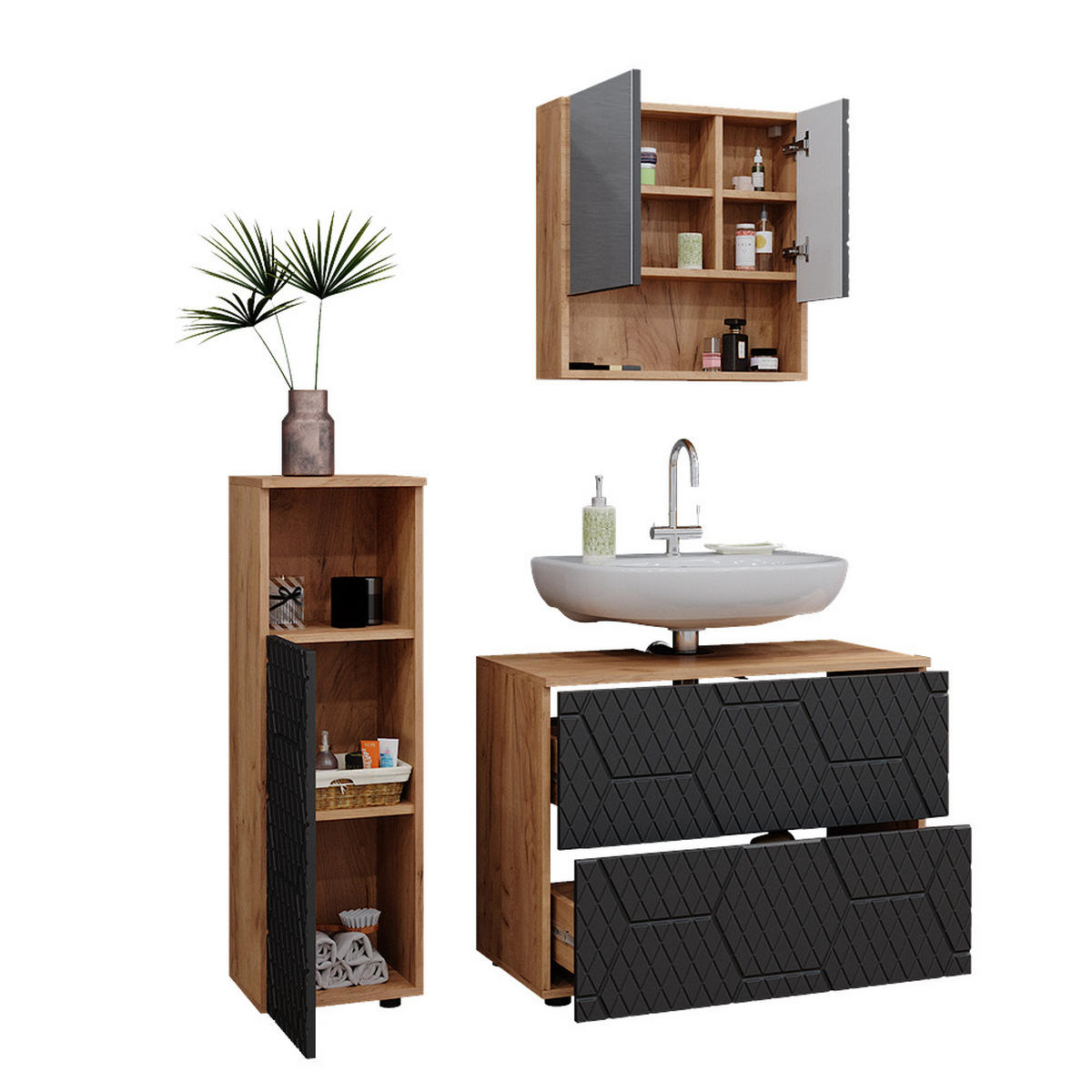 BADMÖBEL-SET Irma Anthrazit gestreift 3 Teile, mit Midischrank - Honigeiche/Anthrazit, Holzwerkstoff (80/58.6/41cm) - Vicco