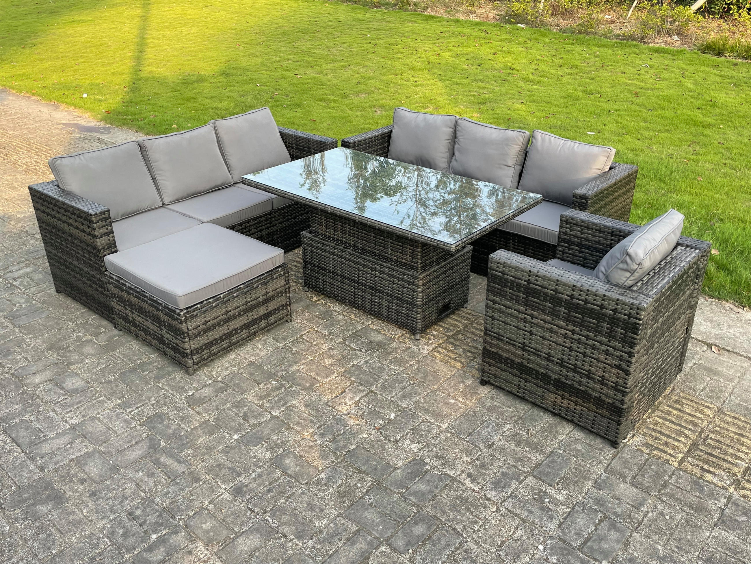 SITZGRUPPE Polyrattan 8-Sitzer - Dunkelgrau/Grau, Glas/Kunststoff - Fimous
