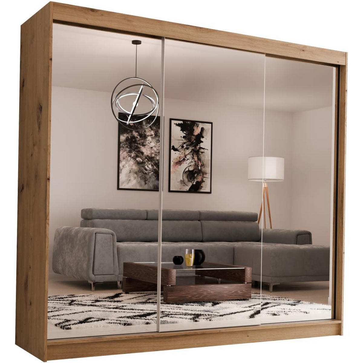 SCHWEBETÜRENSCHRANK Debra 240/216/61 eiche Artisan mit Spiegel und Schubladen - Eiche Artisan, Holzwerkstoff (240/216/61cm) - Beautysofa