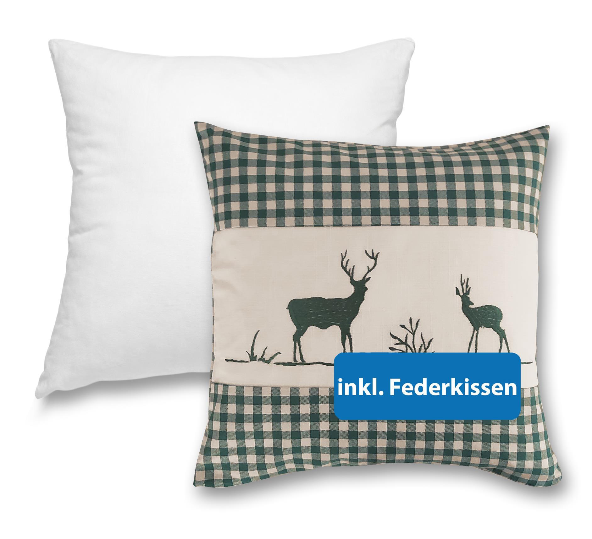 DEKOKISSEN Hirsch grün 40/40 cm Landhaus-Stil mit Reißverschluss inkl. 100% Federkissen - Grün, Textil (40/40cm) - wometo