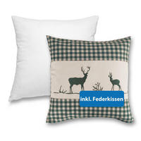 DEKOKISSEN Hirsch grün 40/40 cm Landhaus-Stil mit Reißverschluss inkl. 100% Federkissen - Grün, Textil (40/40cm) - wometo