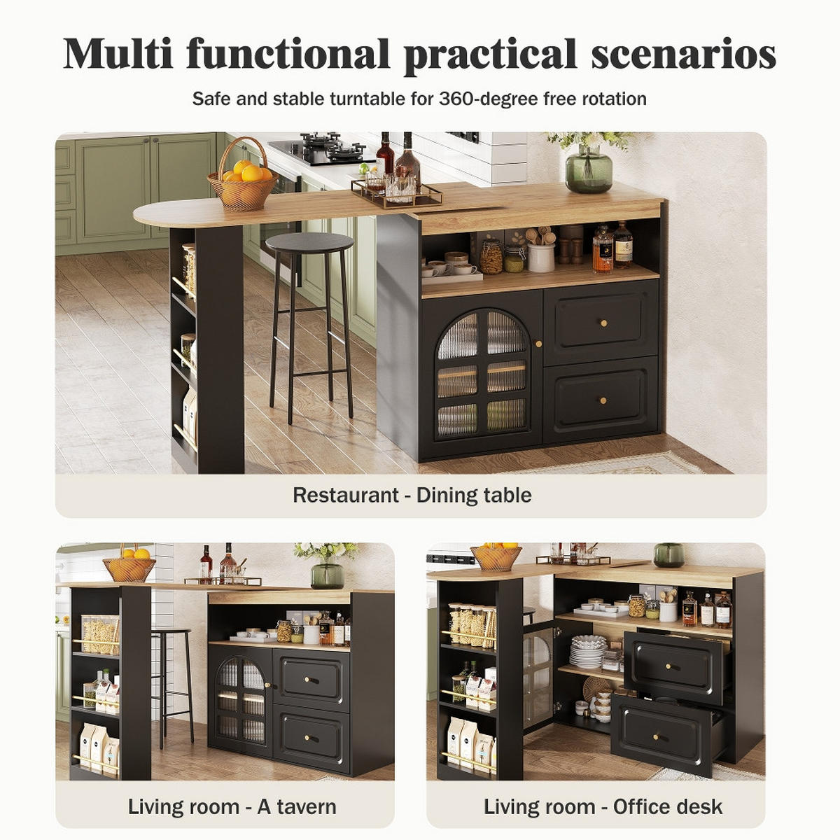 KÜCHENINSEL Stehtisch DREHBAR AUSZIEHBAR Essbar Sideboardschrank MDF Schwarz Wohnzimmer 138-204/39/104 cm - Schwarz, Kunststoff (39/104/138cm) - Rolipo