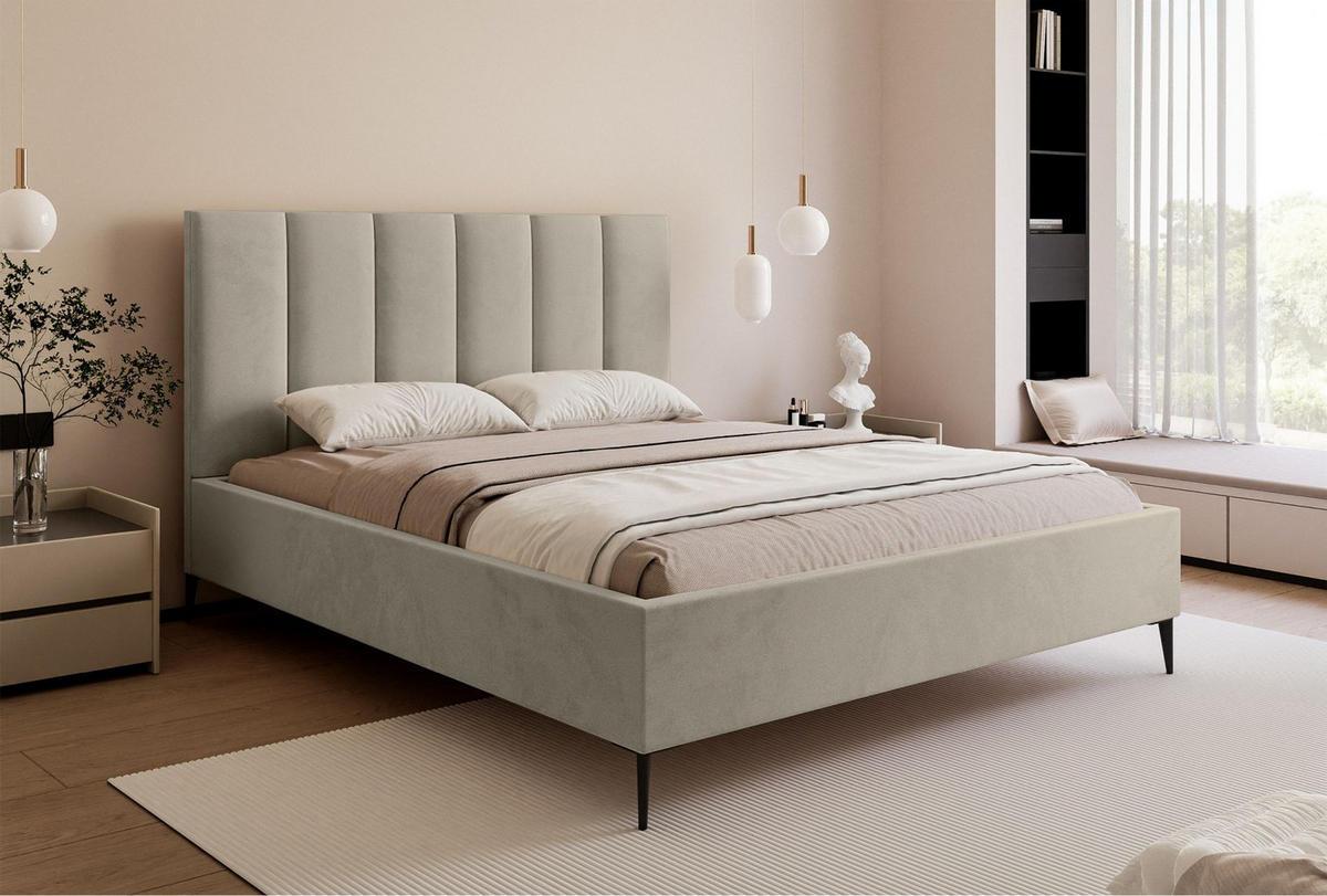 POLSTERBETT Masego Hellbeige mit Metallbeinen, Velours, 180x200 cm - Ecru/Schwarz, Textil/Metall (180/200cm) - Selsey