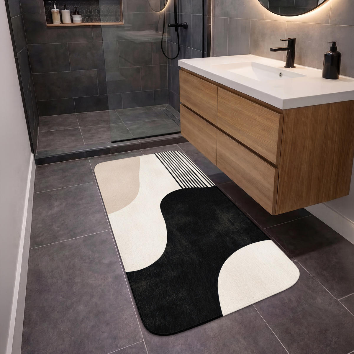 KÚPEĽŇOVÁ PREDLOŽKA Abstraktné - Japonské - Béžové - Moderné 60x120 cm - čierna/béžová, textil/plast (60/120cm) - OnlyWow