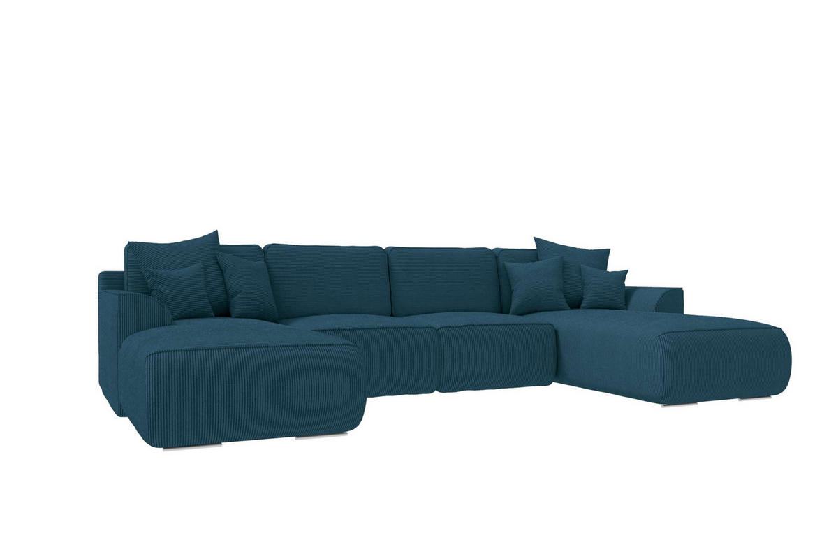 WOHNLANDSCHAFT GUSTO Cordstoff Blau inkl. Schlaffunktion - Blau/Chromfarben, Kunststoff/Textil (306/96/194cm) - 99rooms
