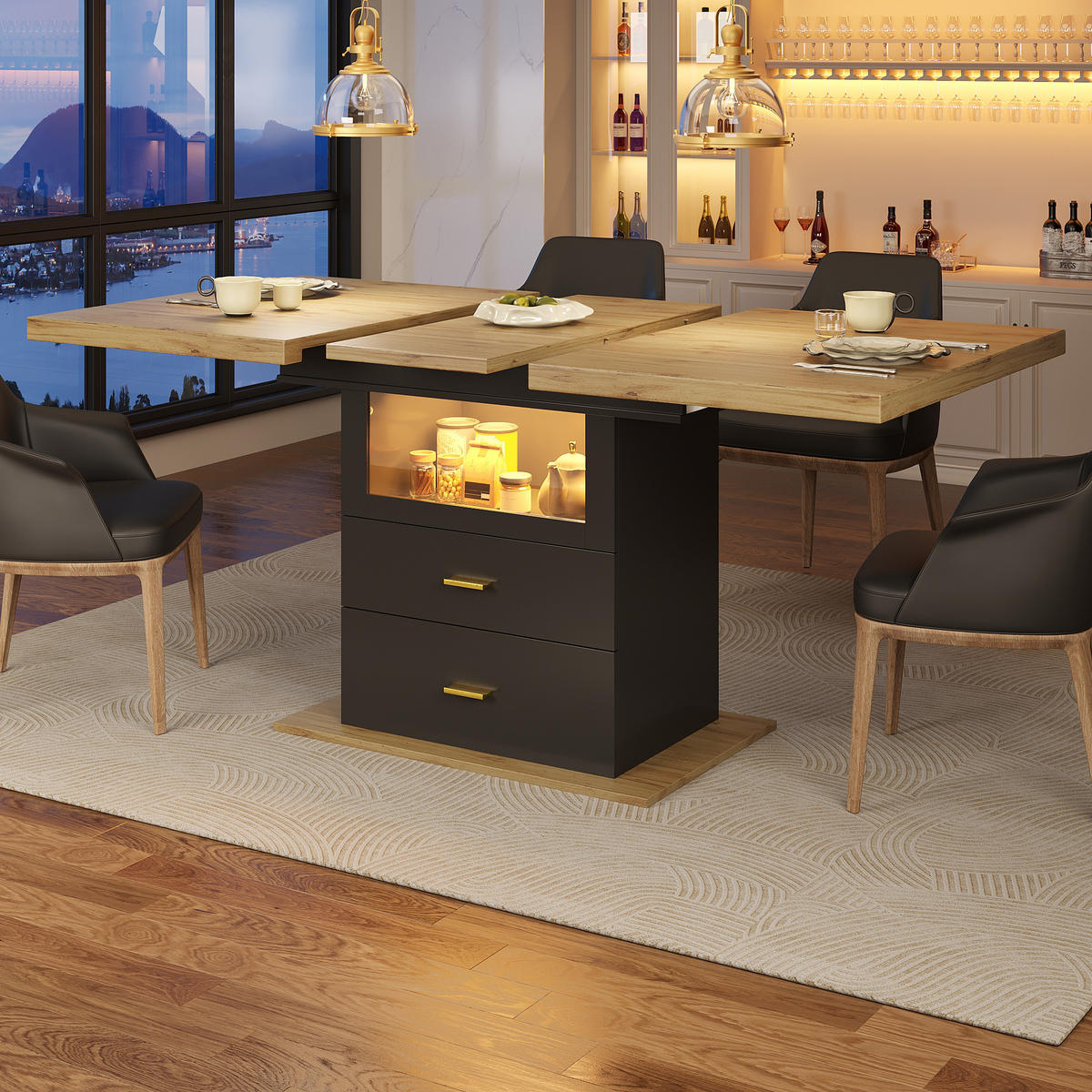 ESSTISCH 110-140x80x75 cm in Natur und Schwarz aus MDF mit LED-Beinen ausziehbar - Naturfarben, Holzwerkstoff (140/80/75cm) - Modfu