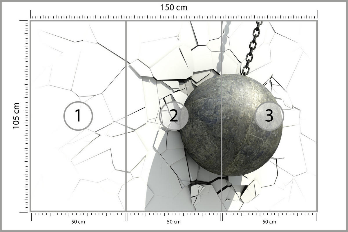 FOTOTAPETE für Büro Metallkugel Riss Weiße Wand 150x105 - Weiß/Grau, Papier (150/105cm) - Muralo