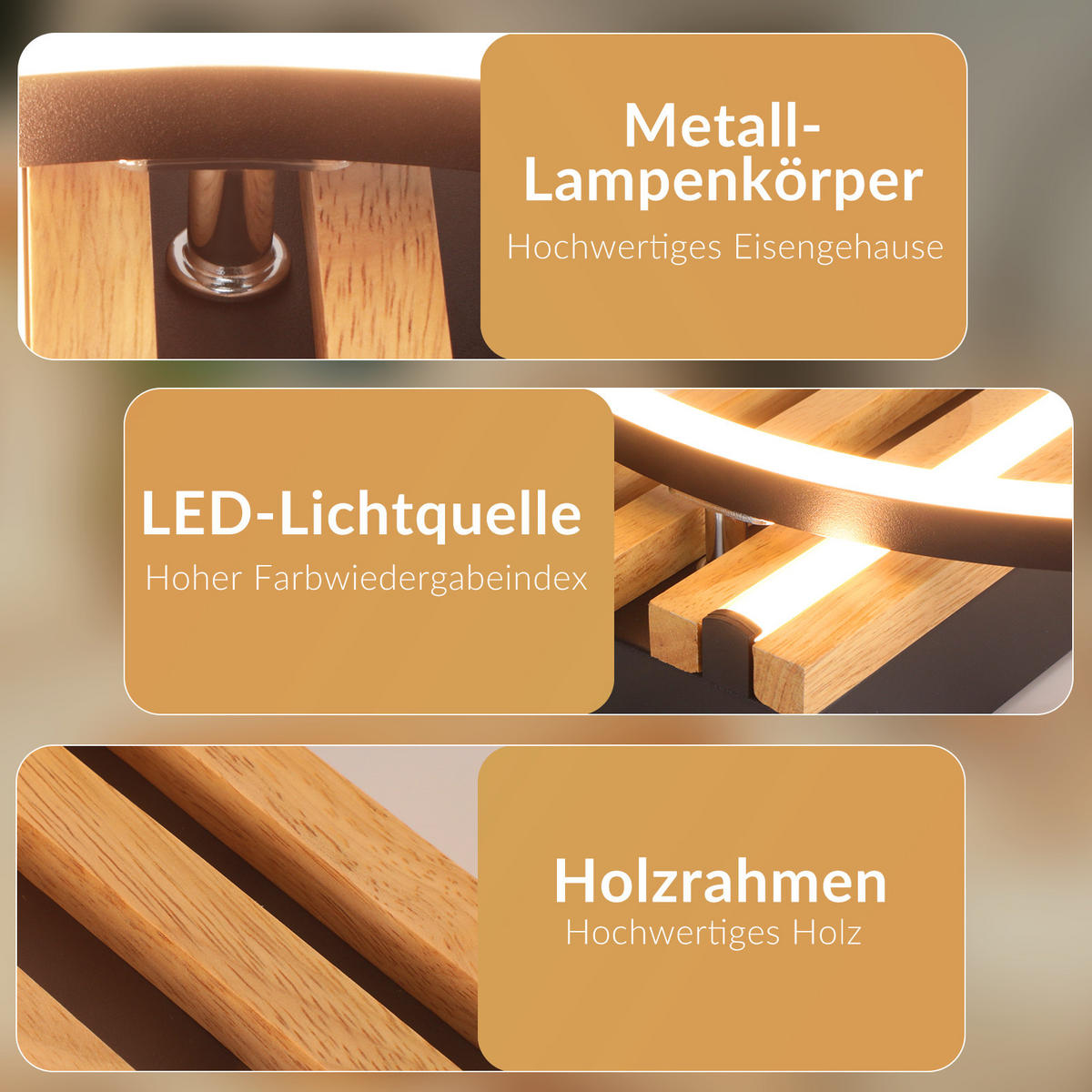 LED DECKENLEUCHTE Marenly 38/32/6.8 cm - Schwarz, Holz/Metall (38/32/6.8cm) - ZMH