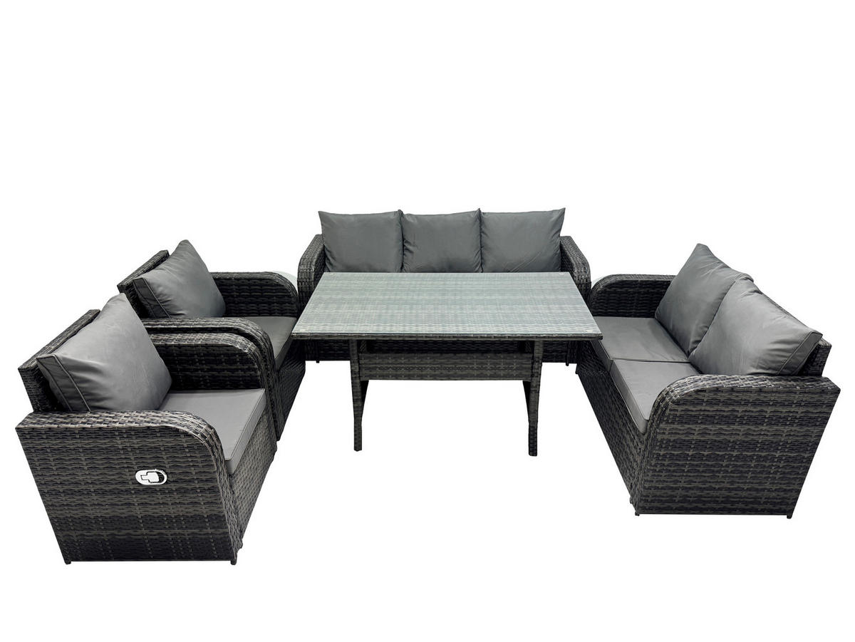 LOUNGEGARNITUR Polyrattan Dunkelgrau 7-Sitzer - Dunkelgrau/Grau, Glas/Kunststoff - Fimous