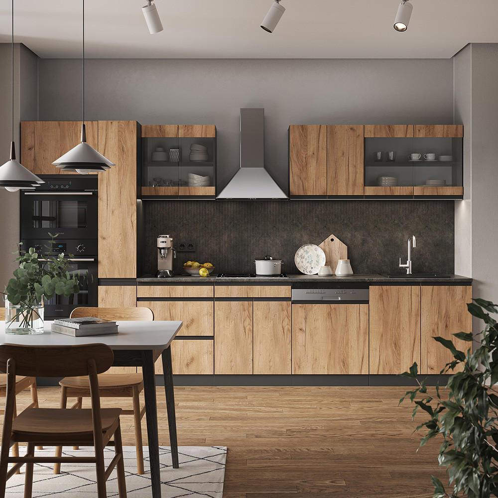 KÜCHENZEILE R-Line Goldkraft Eiche/Anthrazit 350 cm J-Shape ohne AP - Honigeiche/Anthrazit, Holzwerkstoff (350/81.6/46cm) - Vicco