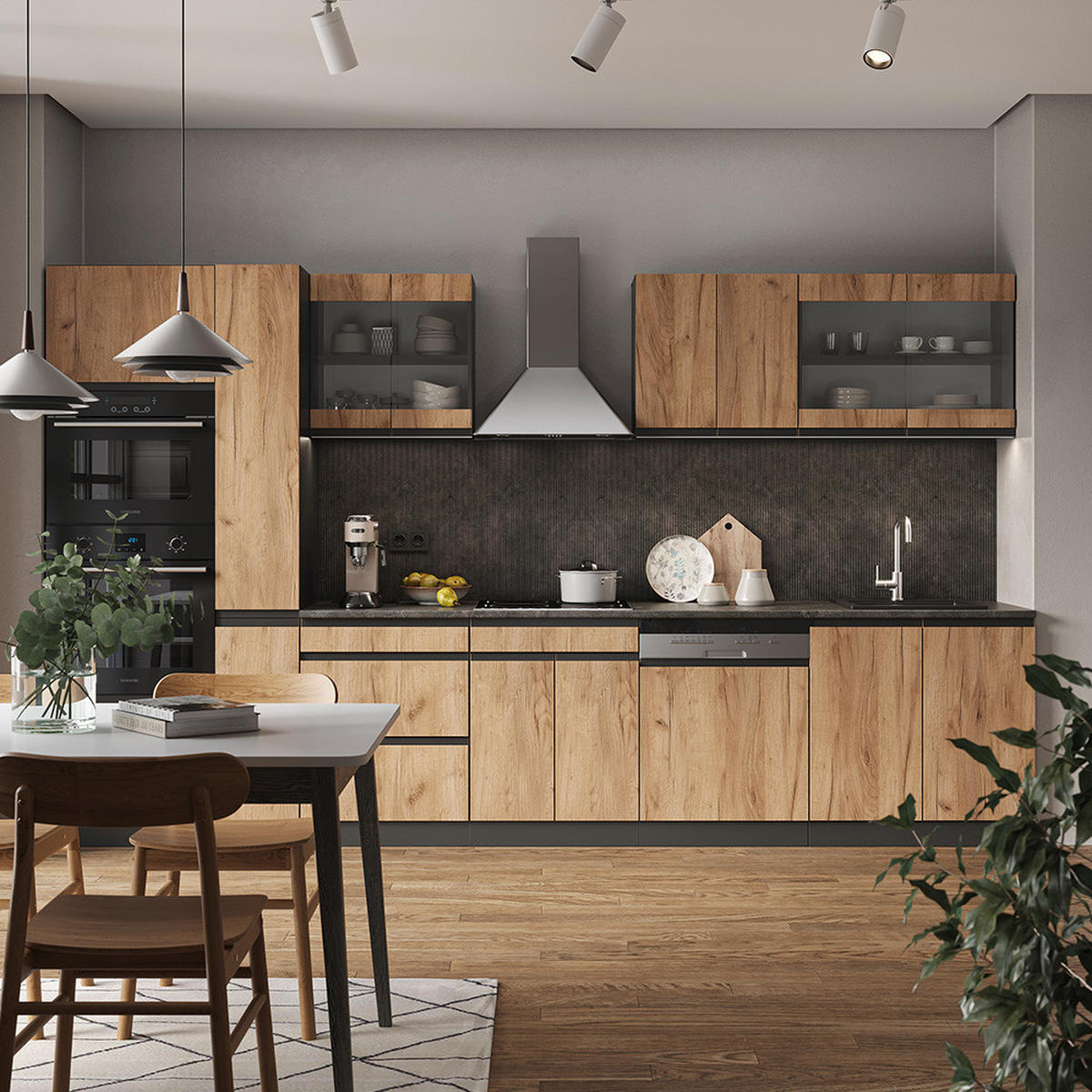 KÜCHENZEILE R-Line Goldkraft Eiche/Anthrazit 350 cm J-Shape ohne AP - Honigeiche/Anthrazit, Holzwerkstoff (350/81.6/46cm) - Vicco