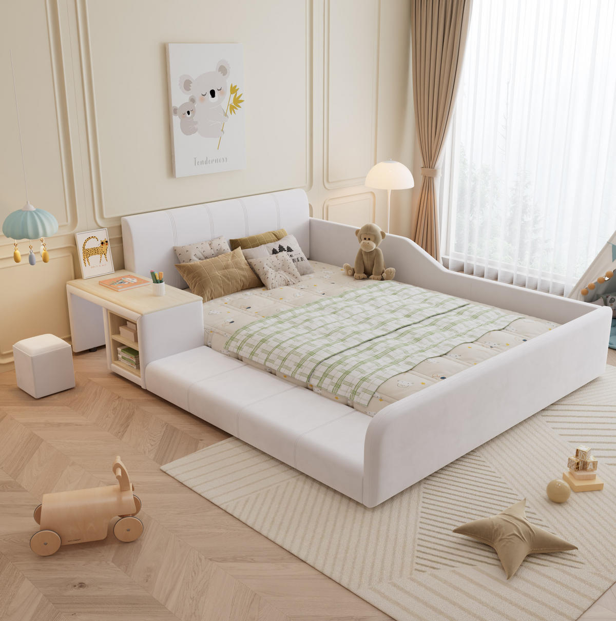 POLSTERBETT 140/200 cm Weiß aus Samt mit Schreibtisch und Hocker - Weiß, Textil (140/200cm) - OKMYHOME