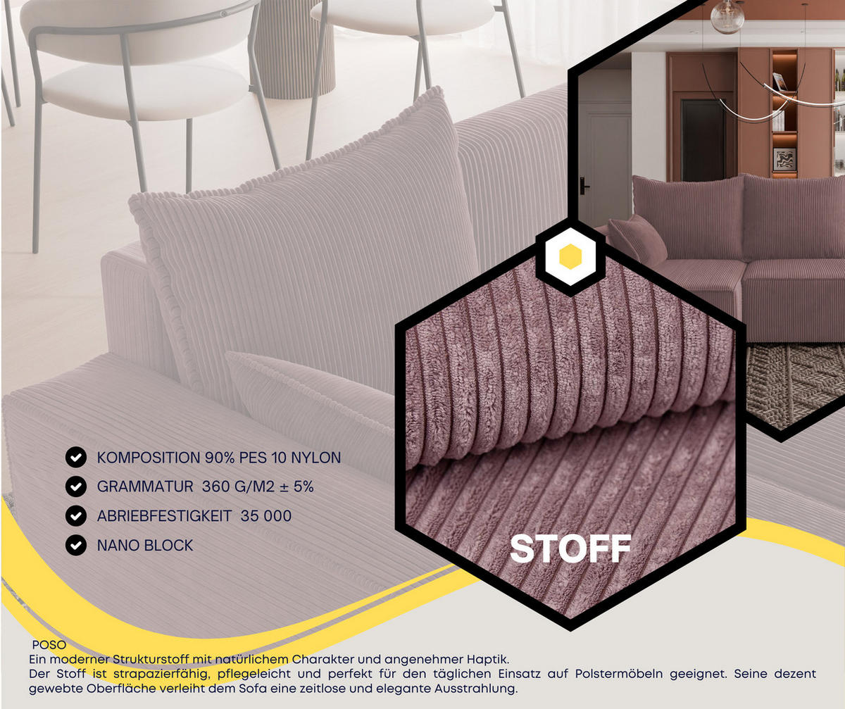 ECKSOFA Tobi mit Bettkasten und Schlaffunktion, L-Form, Cordstoff, Universal - Lila, Holzwerkstoff (246/145cm) - 4ALL HOME
