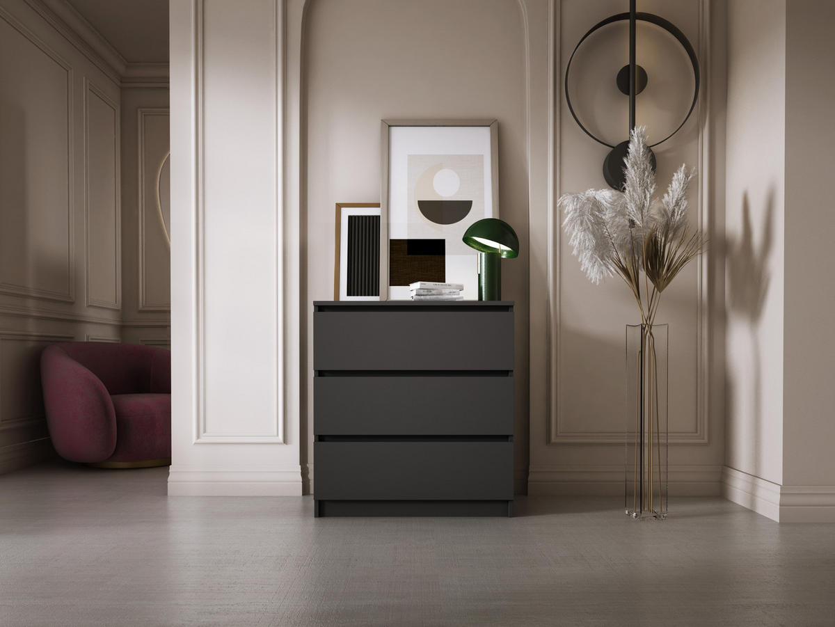 KOMMODE 3 Schubladen, Mattschwarz, 78 x 70 x 39 cm - Schwarz, Holzwerkstoff (70/78/39cm) - 3XE LIVING