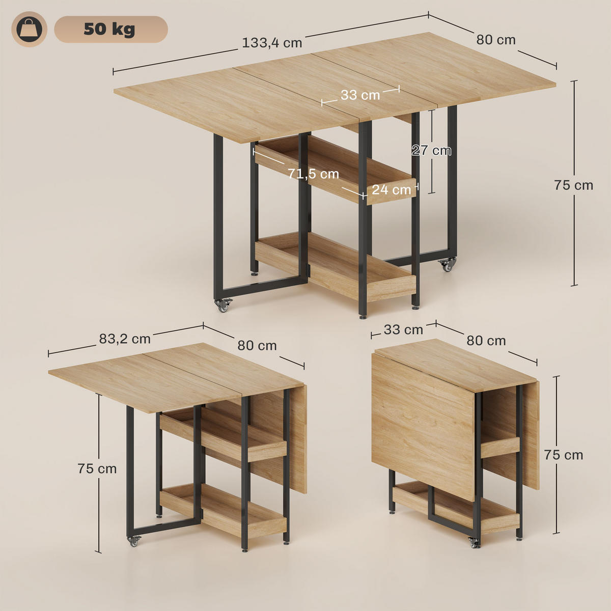 ESSTISCH Eiche 1 Stück - Beige, Kunststoff (133.4/80/75cm) - GiPP