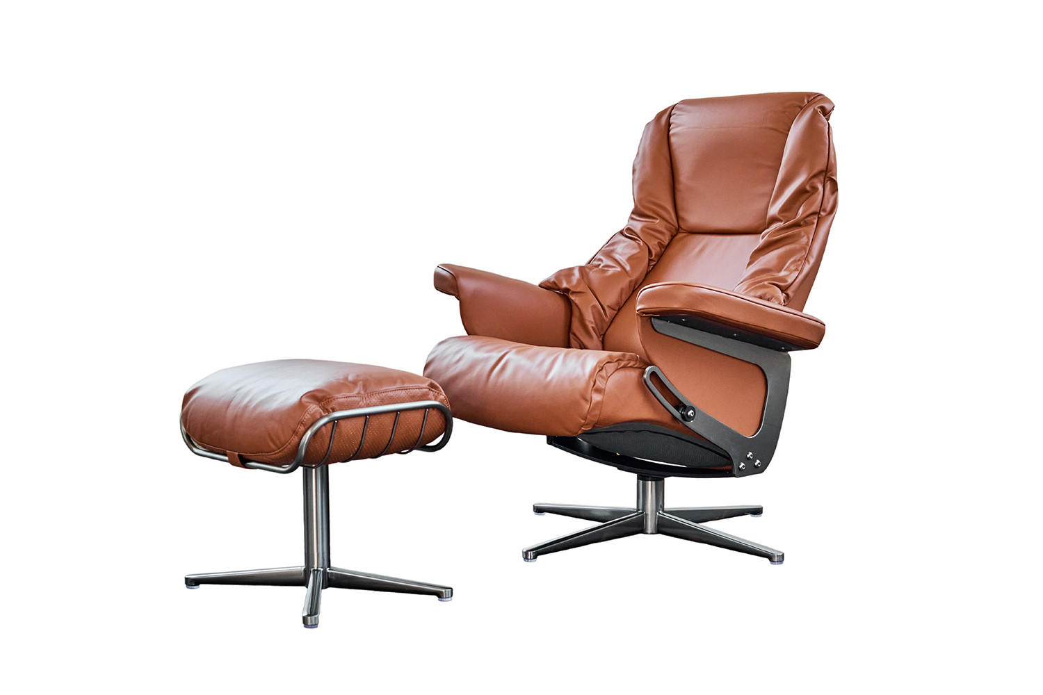 RELAXSESSEL MIT HOCKER MODO Braun Leder - Silberfarben/Braun, Leder/Metall (81/98/90cm) - KAWOLA