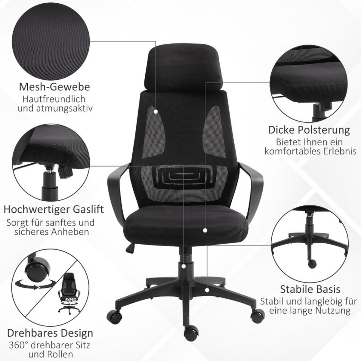 DREHSTÜHLE Netzstoff Wippfunktion Kopfstütze Schwarz - Schwarz, Metall (55/126/64cm) - SHOPENTRA