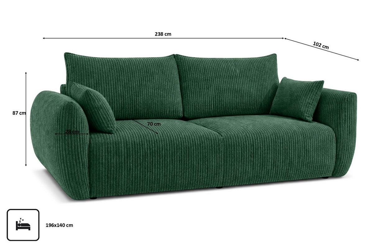 SOFA Mit Schlaffunktion Und Bettkasten, Cordstoff Poso, Grün, Zephira - Grün, Holz (238/87/102cm) - Kaiser Möbel