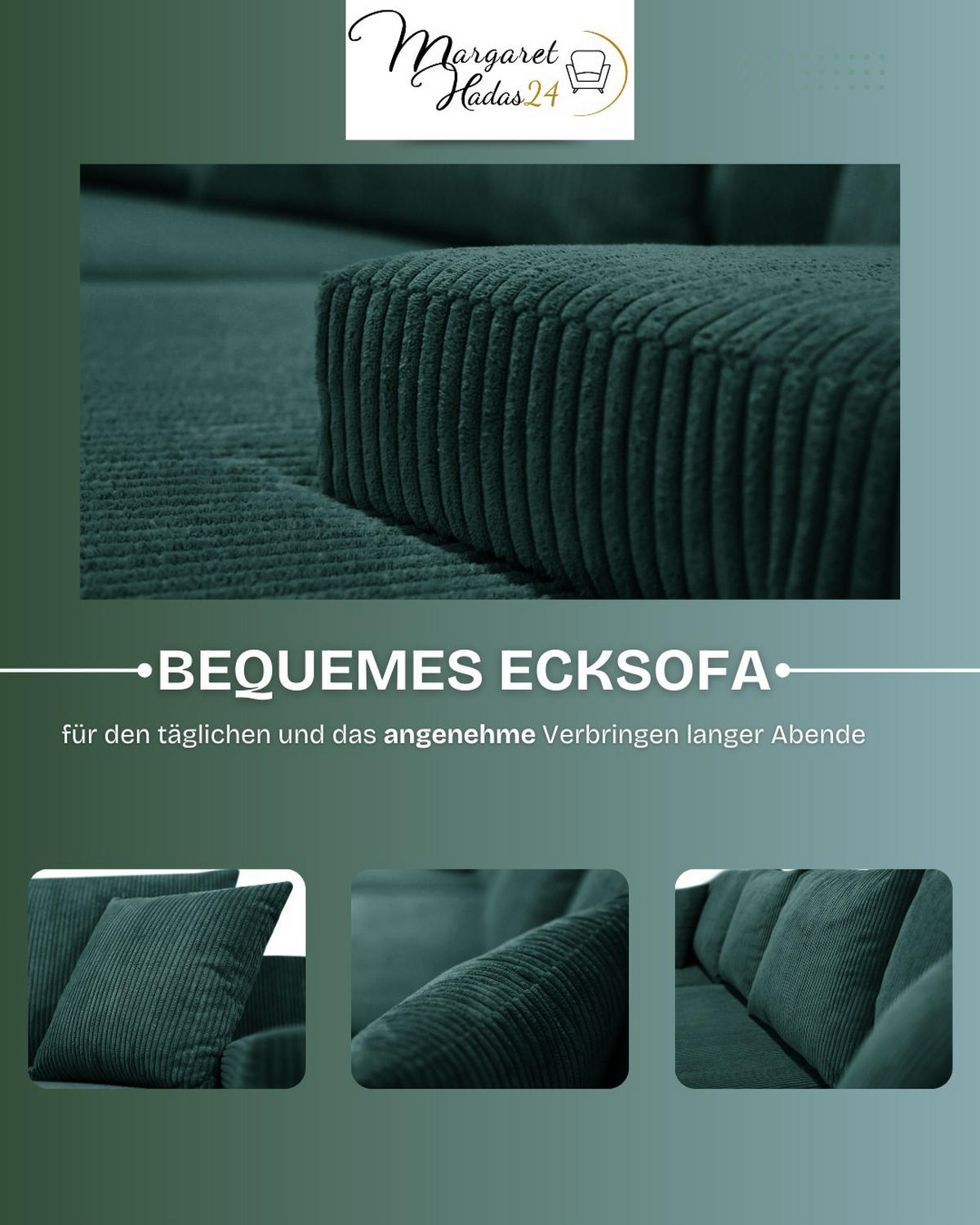 WOHNLANDSCHAFT Lauren in U-Form 348 x 188 cm, 5 Sitzer, Bettzeugablage, Big Sofa, Eckcouch, Cord, grün - Grün, Kunststoff (348/93/188cm) - Margaret Hadas24