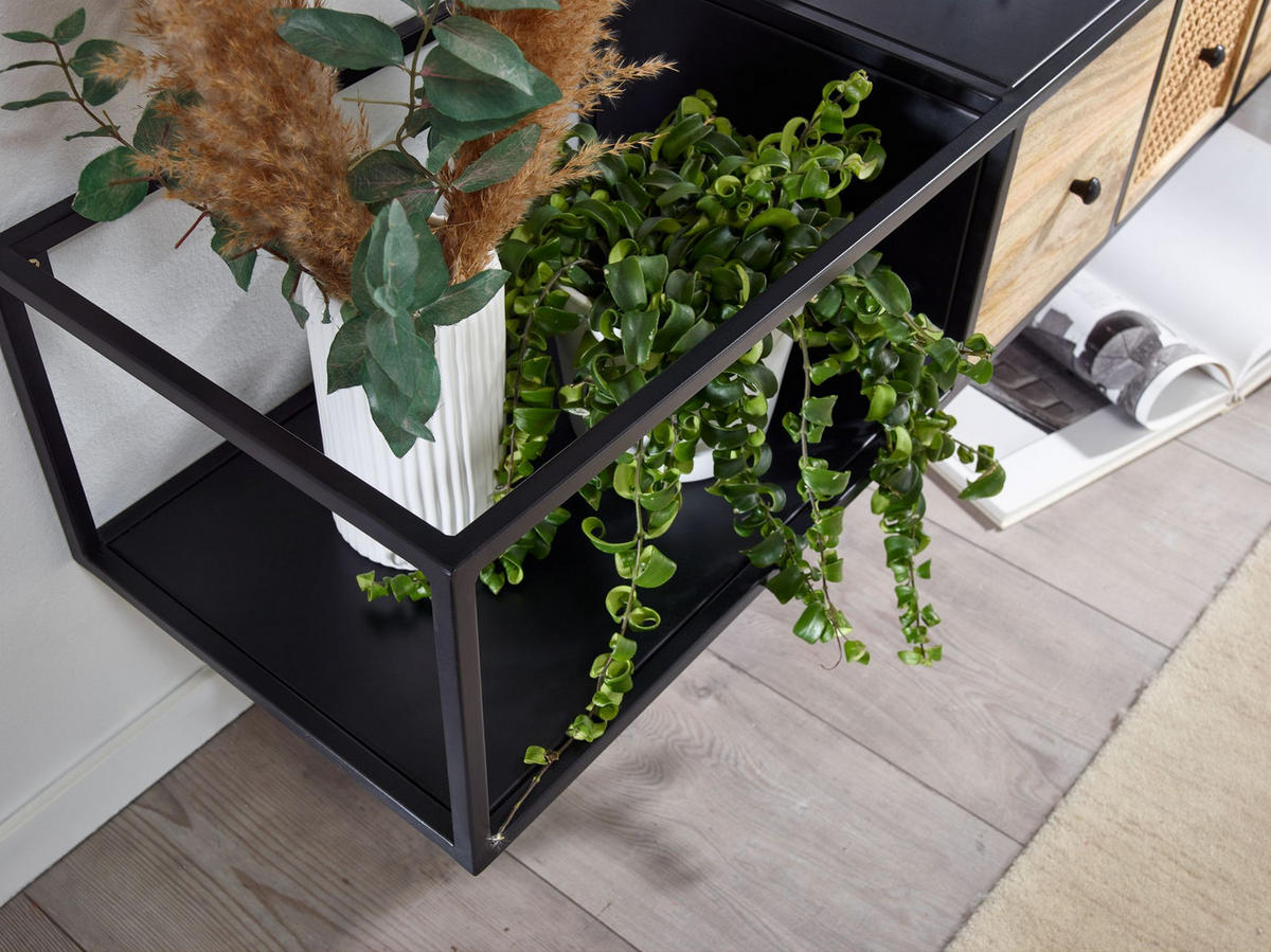 LOWBOARD Hängend Mango Massivholz Metall Modern Stil mit Schubladen und Rattan-Fronten - Schwarz, Holz/Metall (150/25/35cm) - KADIMA DESIGN