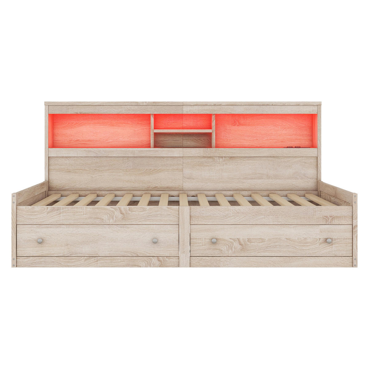 MULTIFUNKTIONSBETT 90/200 cm natur mit LED-Beleuchtung und USB-Anschlüssen - Naturfarben, Holzwerkstoff (90/200cm) - OKWISH