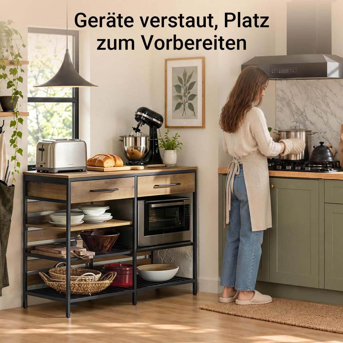 KÜCHENSCHRANK mit 120 cm Arbeitsplatte, 2 Schubladen, 4 offenen Fächern, Vintage Braun, für Küche, Esszimmer und Flur - Braun, Holz/Holzwerkstoff (120/91/45cm) - SoBuy