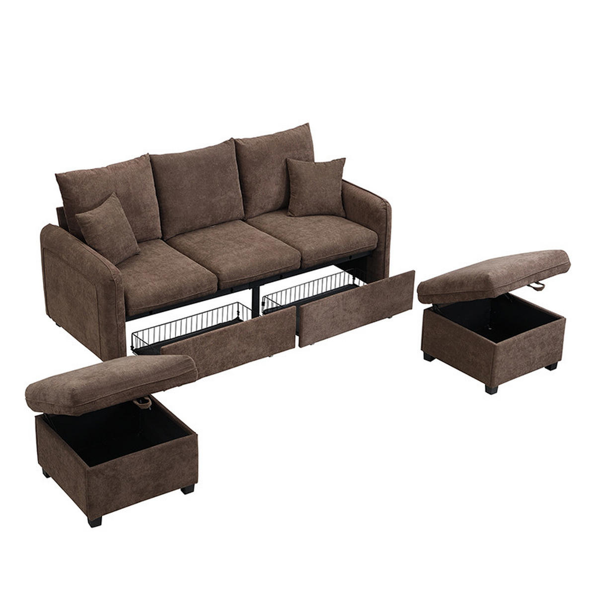 ECKSOFA-SET Chenille mit Stauraum und Schlaffunktion 3-Sitzer und 2 Hocker 188/186/86 cm Dunkelbraun - Dunkelbraun, Kunststoff/Textil (186/188cm) - Redom