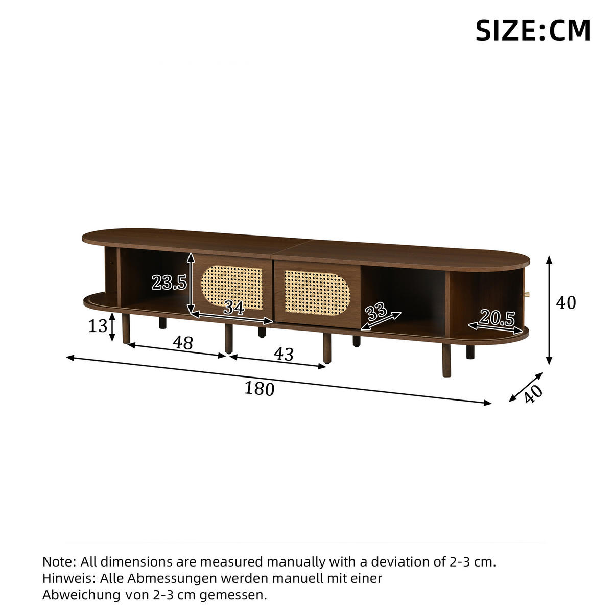 TV stolek 180/40/40 cm se 2 dvířky, 2 roletovými dvířky a MDF korpusem, Tmavý dub - barva vlašského ořechu/hnědá, kompozitní dřevo (180/40/40cm) - Redom