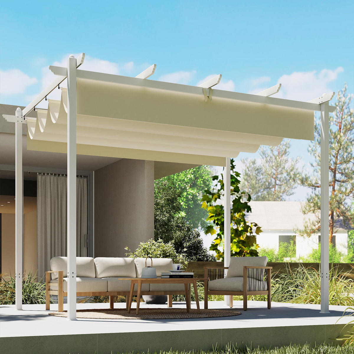 PERGOLA 3 x 4 m Terrassenüberdachung mit Schiebedach, magnetische Verschlüsse, UV30+ Beige - Beige, Metall (390/227/297cm)