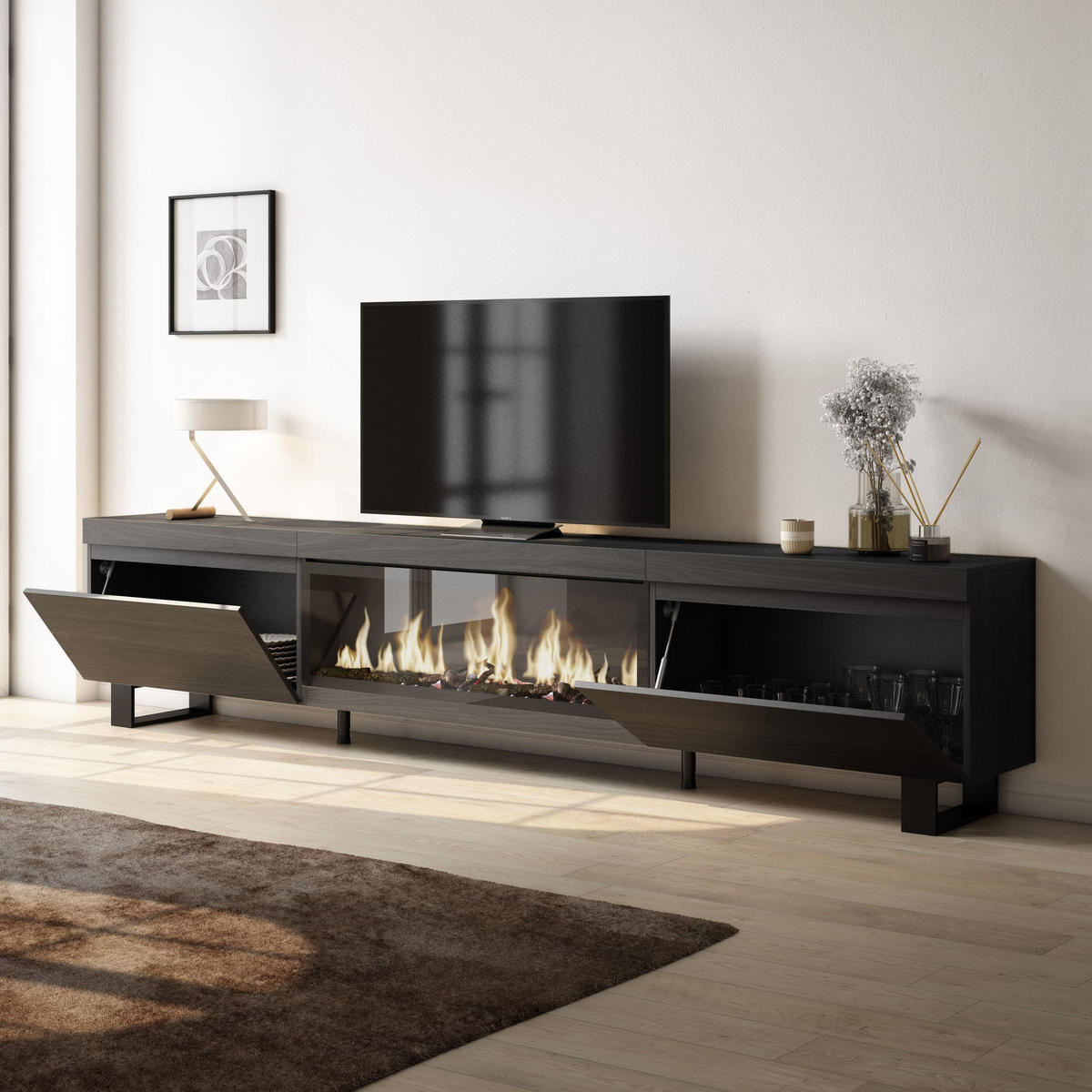 TV-SCHRANK Lowboard, Elektrokamin XXL, schwarz, 267/35/57cm - Schwarz, Holzwerkstoff (267/57/35cm) - Skraut Home