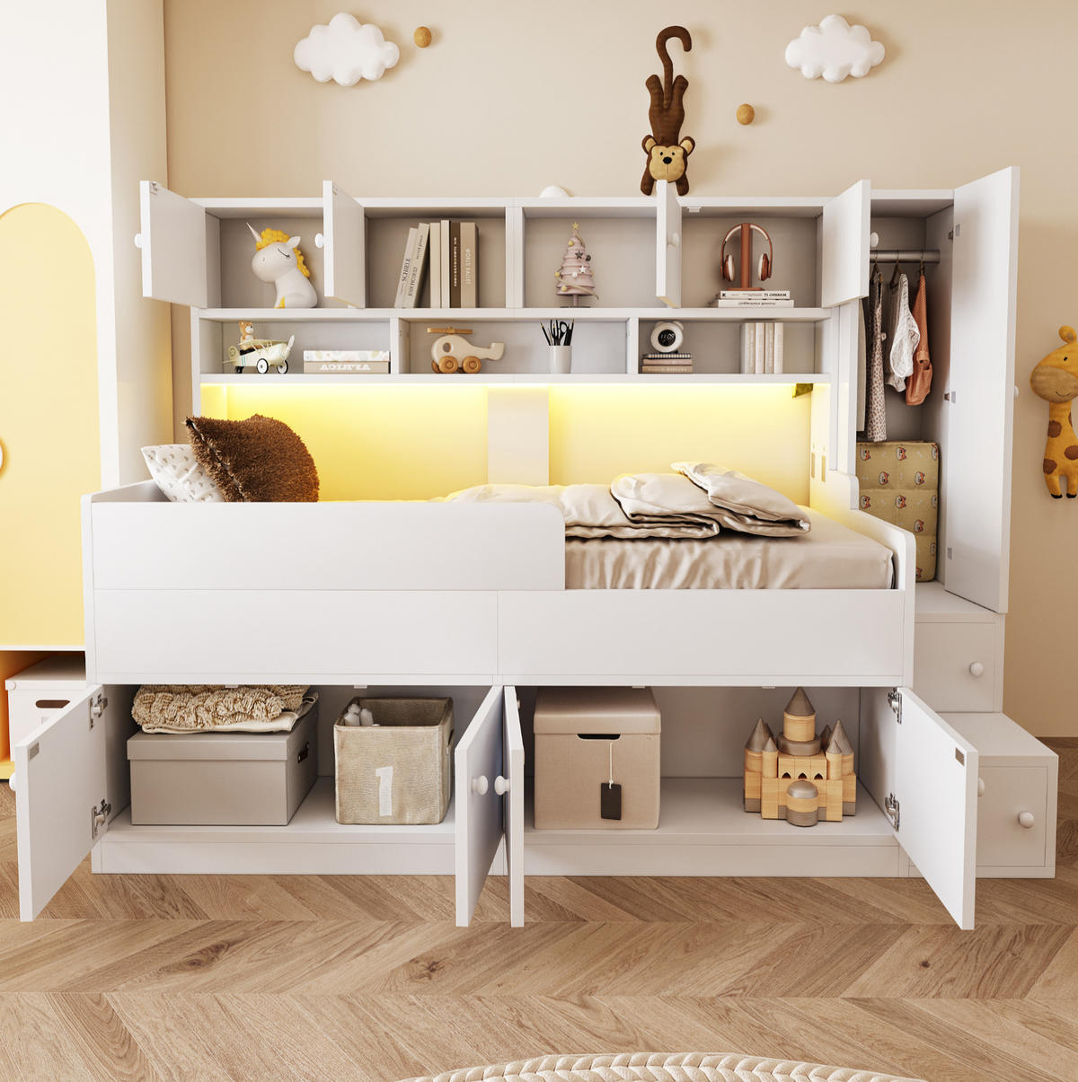 KINDERBETT 90/200 cm Weiß aus Holz mit Stauraum und LED-Beleuchtung - Weiß, Holz (90/200cm) - OKMYHOME