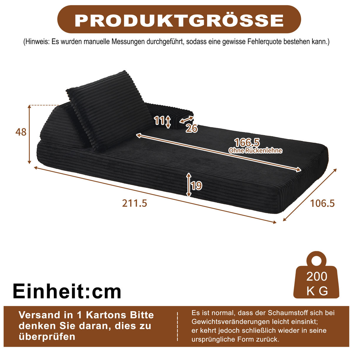 RÉCAMIERE 211 cm frei kombinierbar mit dreieckigen Rückenlehnen, DE-42722, Schwarz - Schwarz, Textil (211.5/48/106.5cm) - ComfortXL