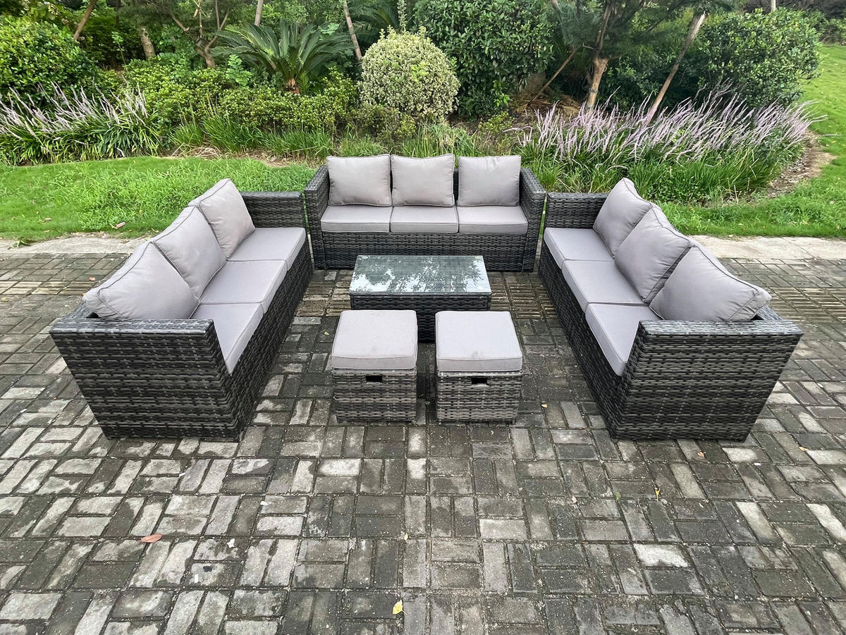 GARTENSET Polyrattan 11-Sitzer - Dunkelgrau, Metall - Fimous