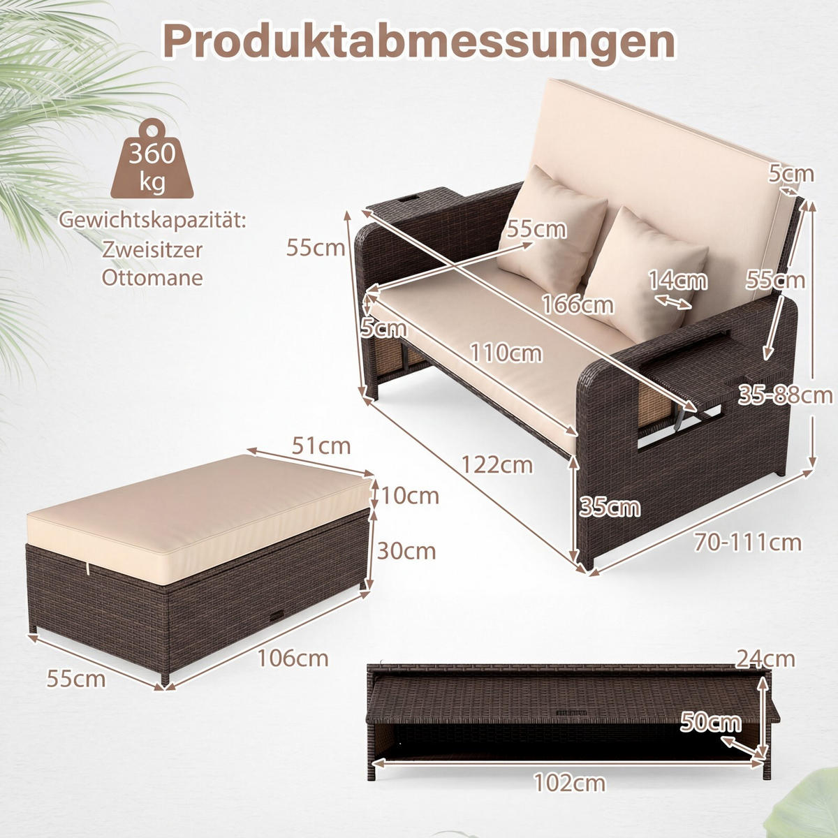 SLUNEČNÍ LEHÁTKO s otomanem a úložným prostorem hnědá - hnědá, kov (166/55/111cm) - COSTWAY