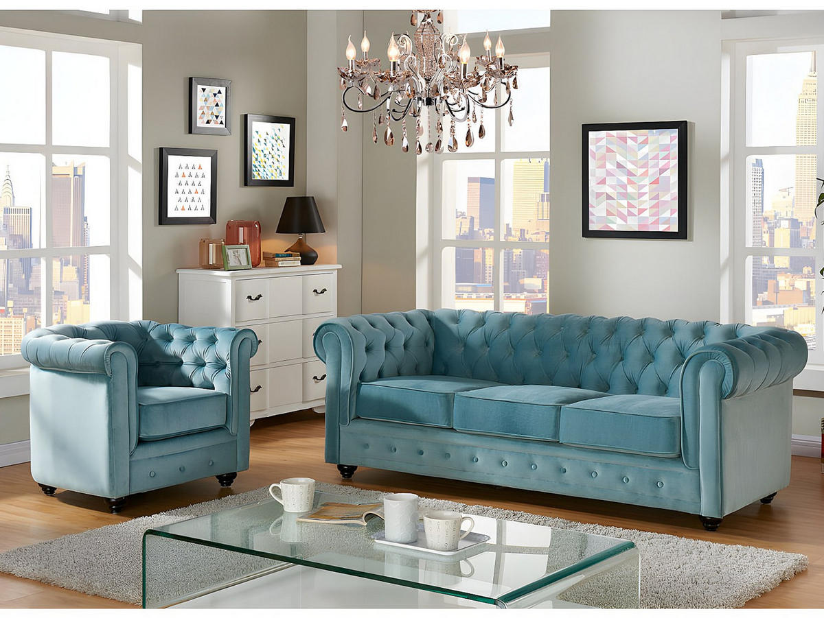 COUCHGARNITUR 3+1 - Samt - Hellblau - CHESTERFIELD - Hellblau, Textil (205/72/88cm) - Vente-Unique