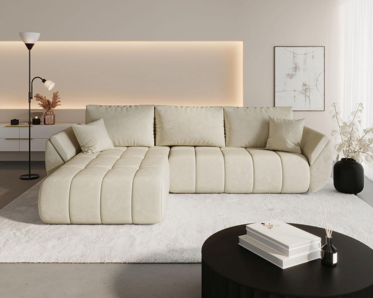 ECKSOFA SYDNEY PREMIUM links beige Velours Monolith 2 - Schlaffunktion, Bettkasten - Beige, Textil (280/184cm) - Cornero