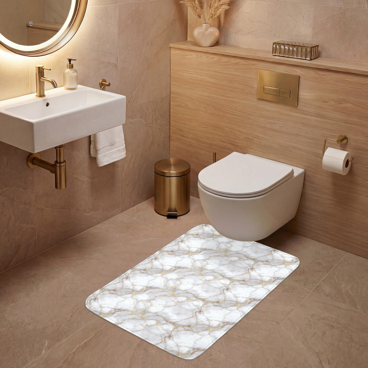 WC-VORLEGER Weiß - Gold - Marmor - Grau Toilettenvorleger 60x90 cm - Weiß, Kunststoff/Textil (60/1cm) - OnlyWow