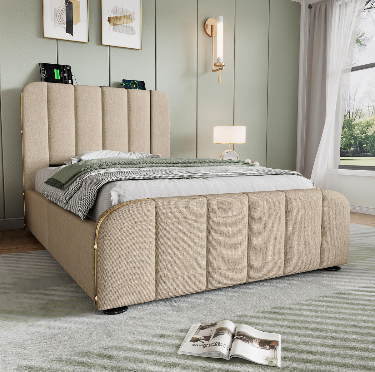 POLSTERBETT 90/200 cm mit 4 Schubladen, USB-C und gepolstertem Kopfteil - Beige, Textil (90/200cm) - BEAOK