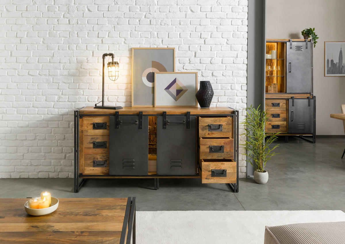 SIDEBOARD Mango / Altholz 180x45x90 natur / grau lackiert / Metall grau BLACKBURN LUX #552 - Braun, Holz (180/90/45cm) - Massivmoebel24
