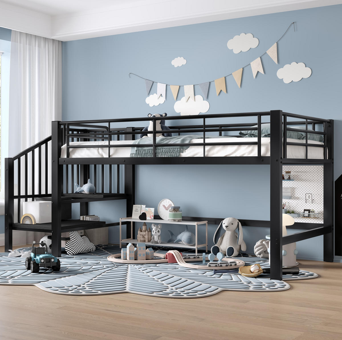 HOCHBETT aus MDF und Metall 90x200 cm Schwarz mit Stauraumtreppe und platzsparendem Design - Schwarz, Holzwerkstoff (90/200cm) - Modfu