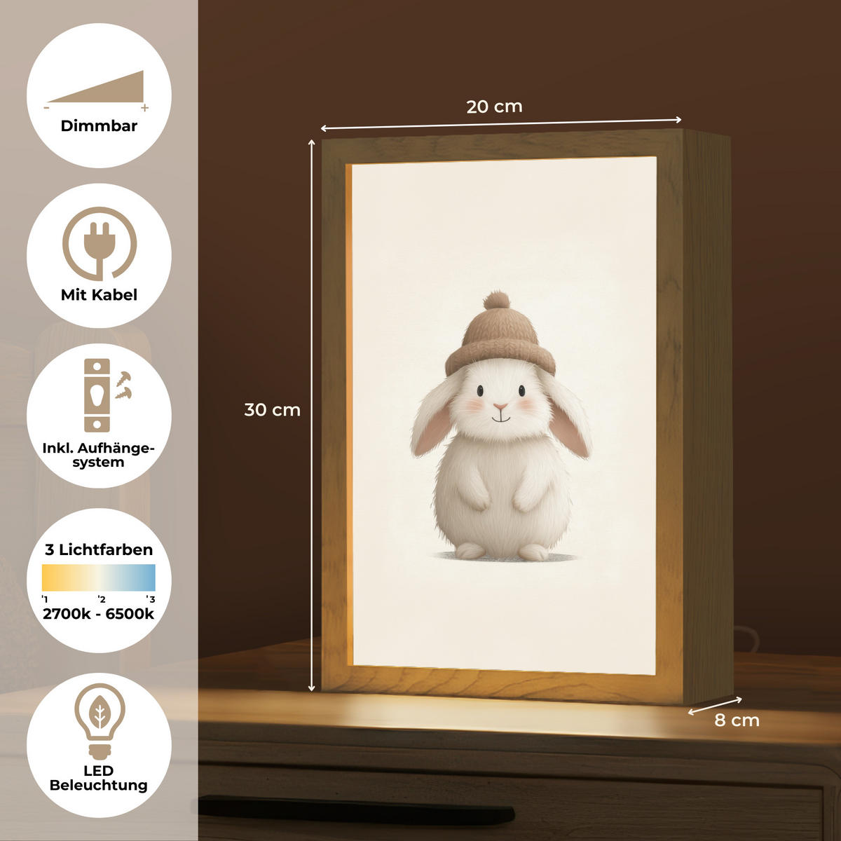 NACHTTISCHLAMPE Kaninchen - Hut - Ohren - Beige 20x30 cm - Creme, Holzwerkstoff (8/20/30cm)