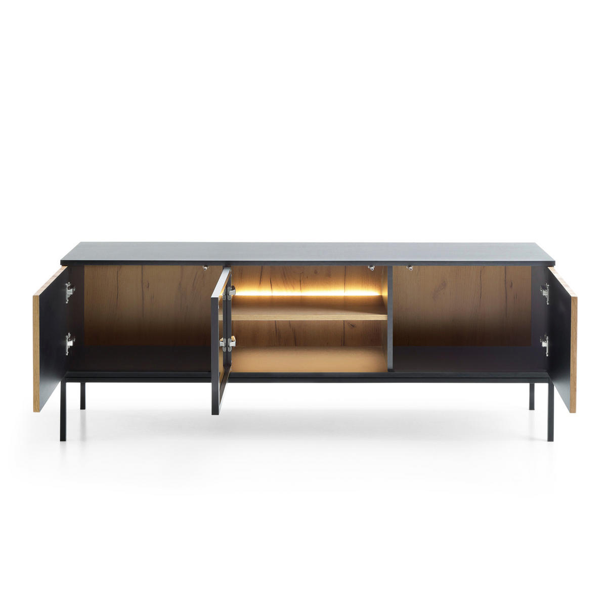WOHNWAND Laval 1, 2-er Set, Front gefräst in 18 mm MDF Wotan Eiche, Korpus Schwarz - Schwarz, Glas/Holzwerkstoff (257/126/39cm) - Komodee