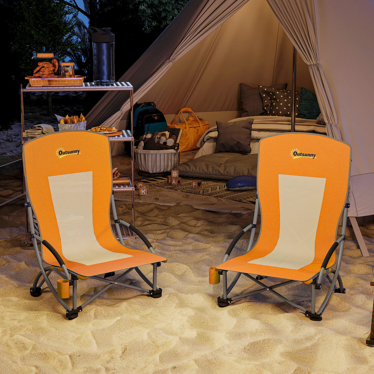 GARTENKLAPPSESSEL DE-15694 2er-Set mit Getränkehalter Orange - Orange, Metall (58/79/70cm) - ComfortXL