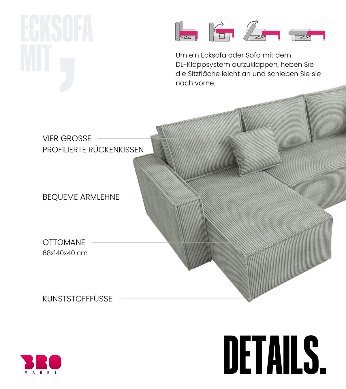 WOHNLANDSCHAFT Dexter U mit Schlaffunktion Grau Cord - Grau, Textil (310/80/141cm) - Bromarkt
