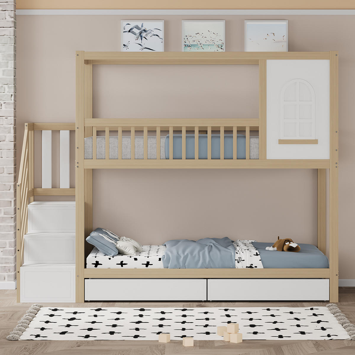 ETAGENBETT 90/200 cm mit Sicherheitsleiter, Fensterelement und Schubladen, Natur - Naturfarben, Holzwerkstoff (90/200cm) - Redom