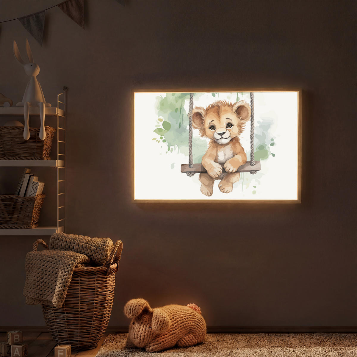 WANDLEUCHTE MIT AKKU Löwe - Tier - Kinder - Dschungel 90x60 cm - Weiß, Holzwerkstoff (90/60/8cm) - OnlyWow